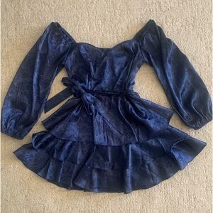 Beautiful blue cocktail dress, elegant floral pattern, size small, flattering.